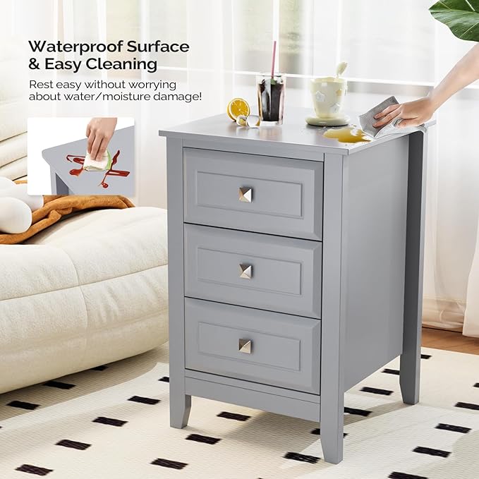 Bonnlo Gray Nightstand with 3 Drawers, Modern Night Stand