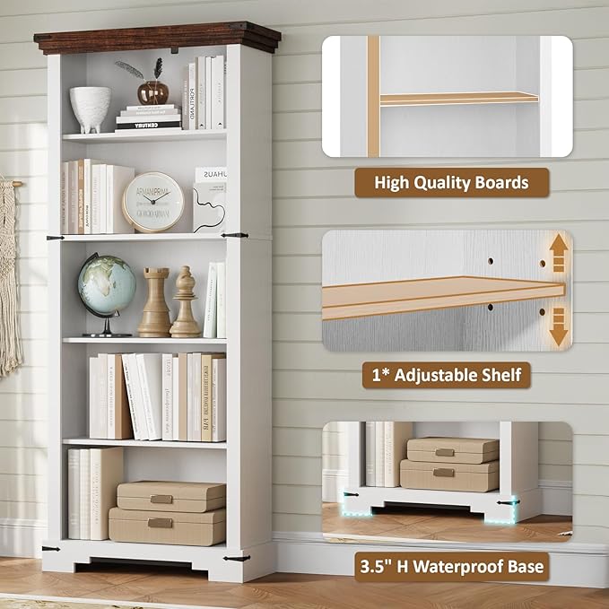 5-Tier Farmhouse Bookshelf, 61.1 inch Tall Bookcase