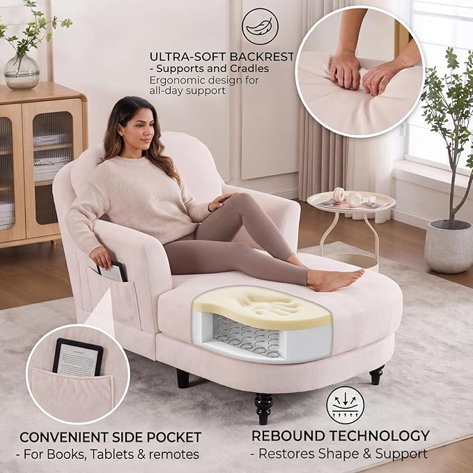 Chaise Lounge Chair Indoor, 59.8" Oversized Couch Reading Chairs，Chenille