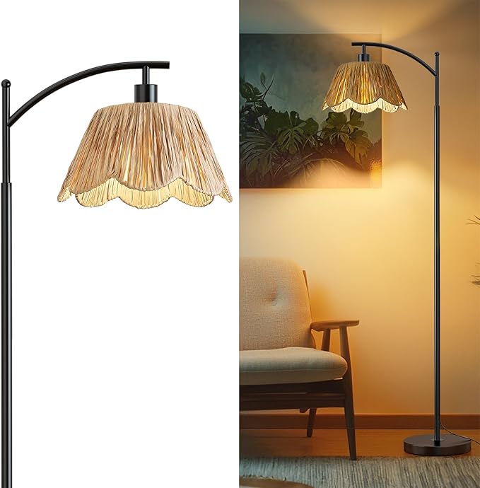 Oneach Boho Rattan Floor Lamp for Living Room, Farmhouse Standing Lamp