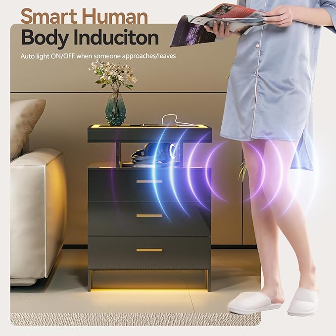 Black Night Stand with Wireless Charging Station, Smart Bedside Table with 3