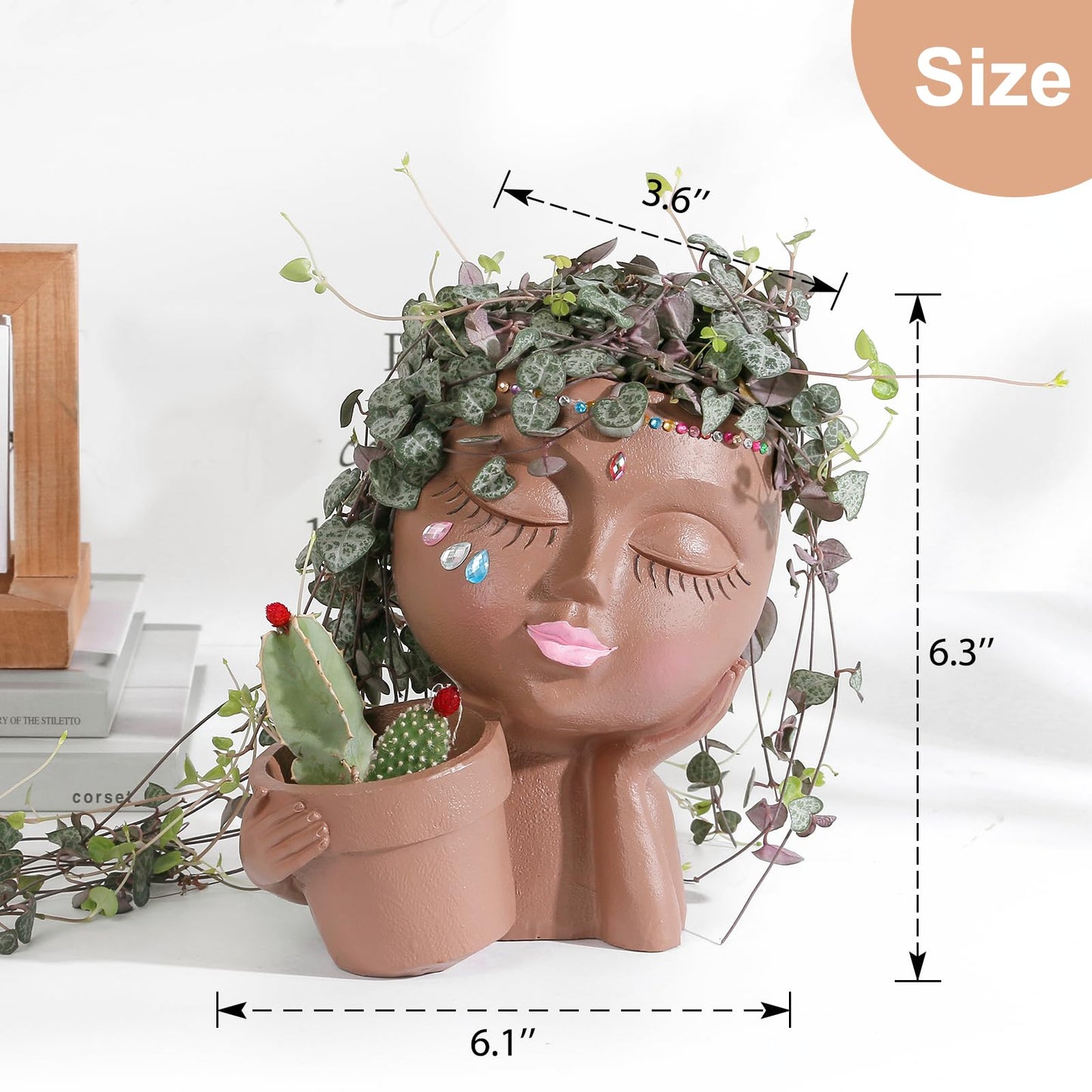 vomiceak Face Planter Pots Head Planters for Indoor Outdoor Plants - Double Plant Pots for Flower Succulent with Drainage Holes - Gift Ideas for Mother (Black Lady)