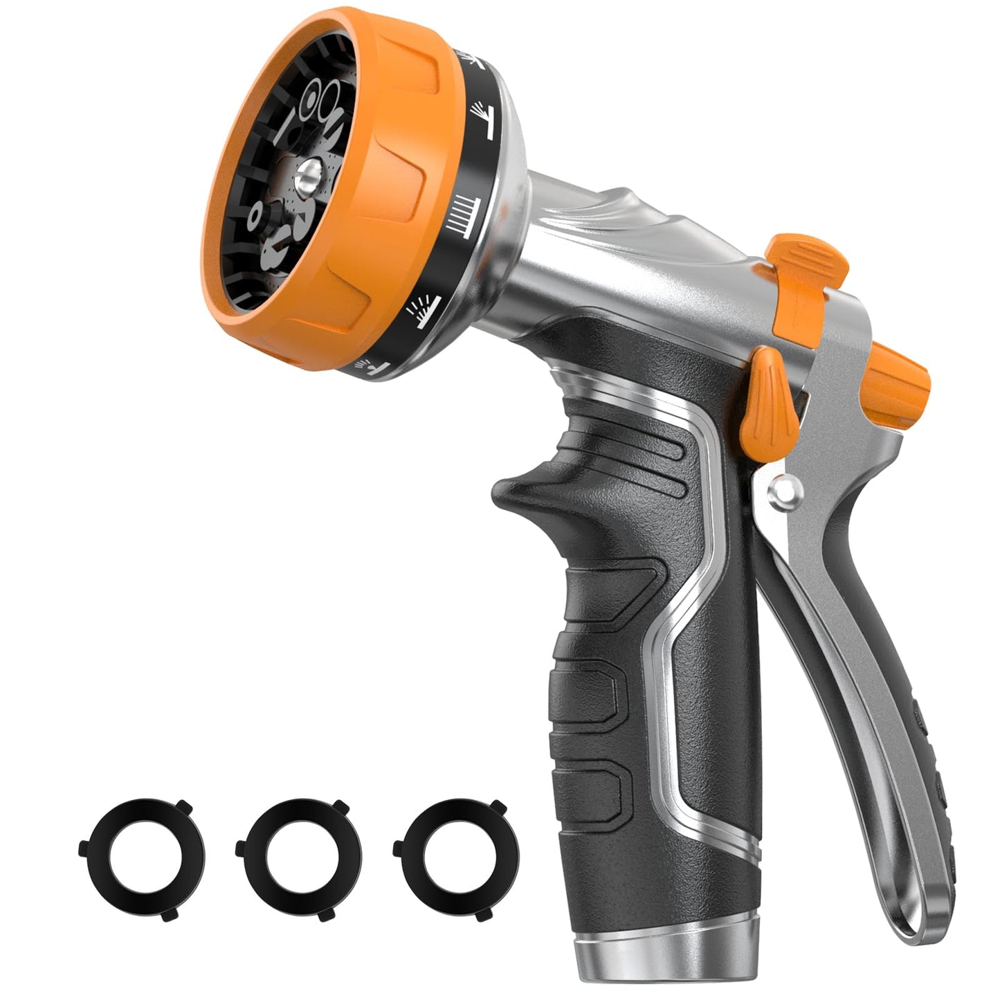 Garden Hose Nozzle, Heavy Duty Metal Water Hose Nozzle with 8 Adjustable Spray Patterns, High Pressure Hand Sprayer with Flow Control for for Garden Watering, Car & Pet Washing