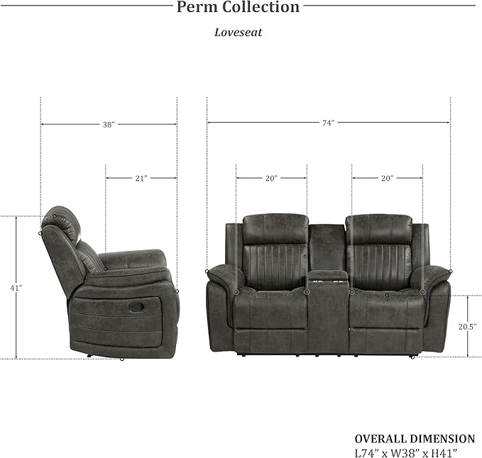 Lexicon Recliner Living Room Set, Home Theater Seating, Manual Polished