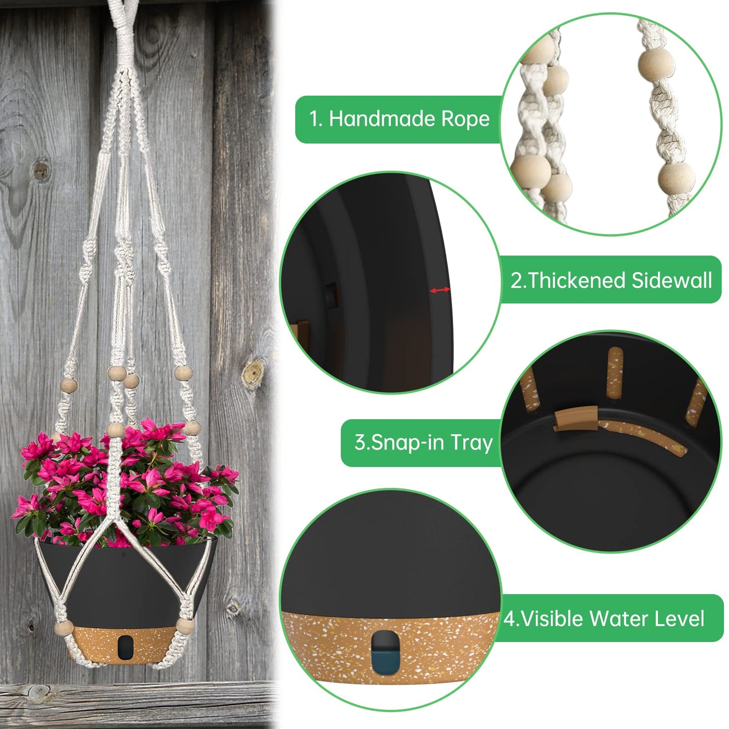 ZMTECH 2 Pack 10 Inch Hanging Planters with Macrame Plant Hanger for Indoor and Outdoor Plants, Self Watering, Drainage Hole, Visible Level Tray, Gray
