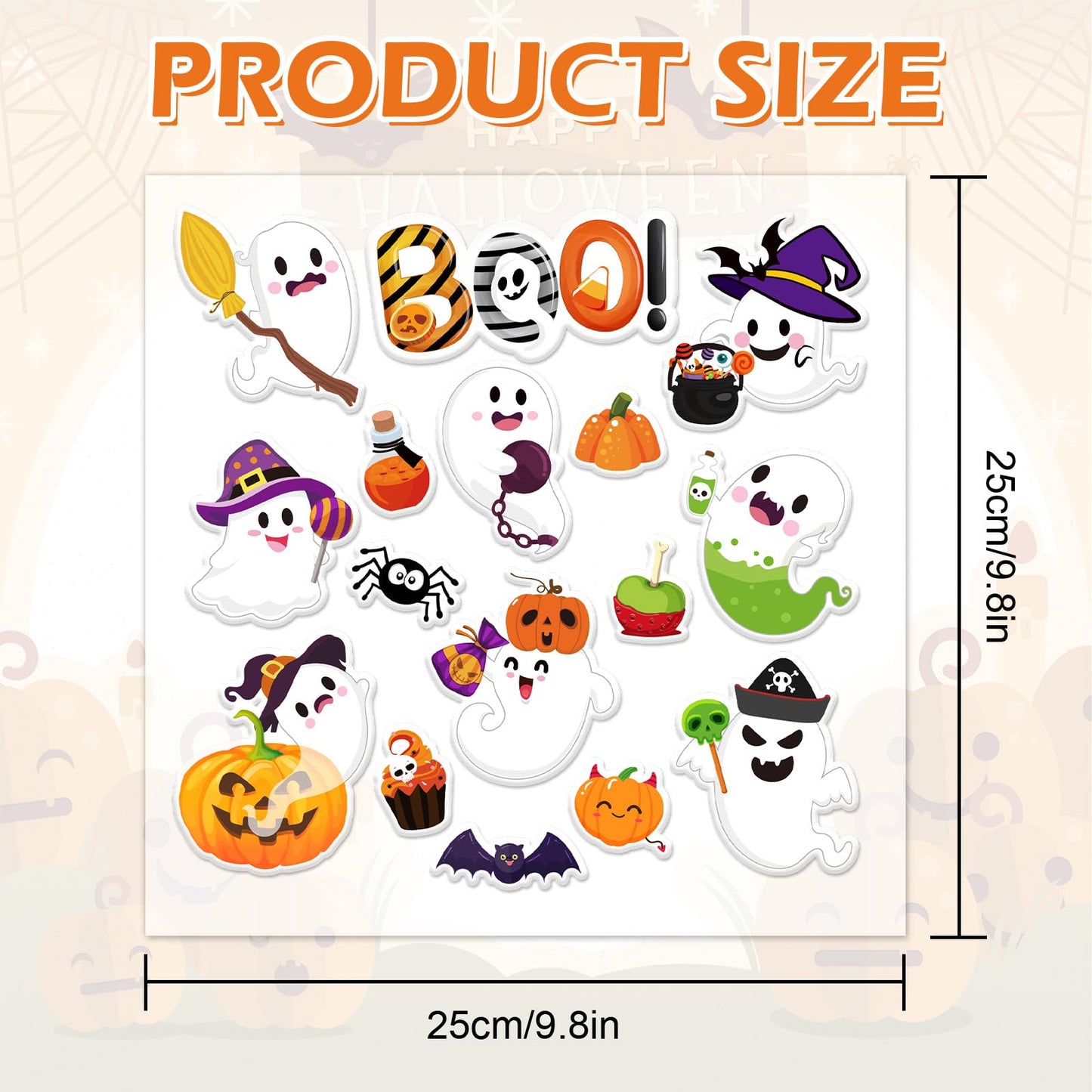 Whaline 32Pcs Halloween Thick Gel Window Clings Cute Ghost Pumpkin Boo Gel Decals for Holiday Home Classroom Nursery Glass Decor, 2 Sheets
