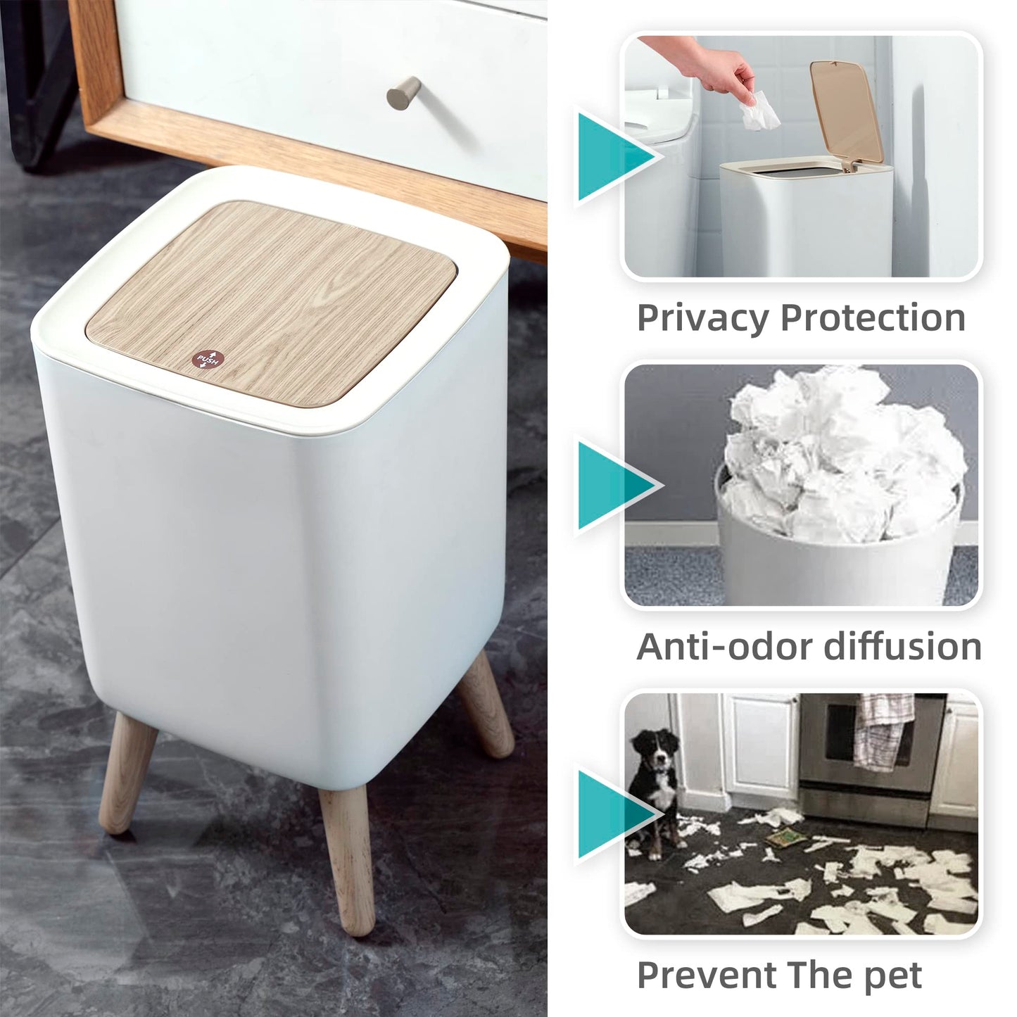Bathroom Trash Can with Lid,2.6 Gallon Modern Office, Near Desk Bedroom Garbage Can Waste Basket with Push Top,Nordic Small Trash Bin for Living Room, Toilet, Nursery,Dog Proof, White