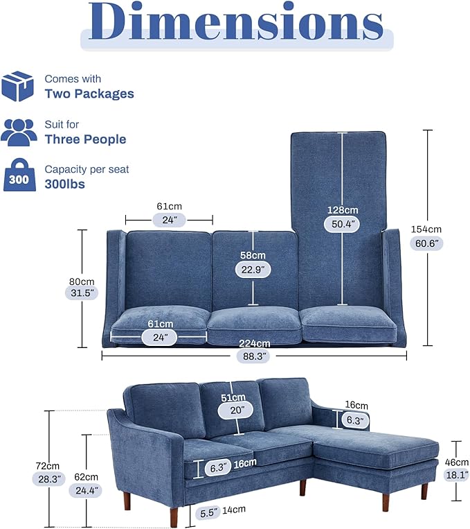 Kingfun 88" L-Shape Sofa, Chenille Sectional Couch, Mid Century Modern Couches