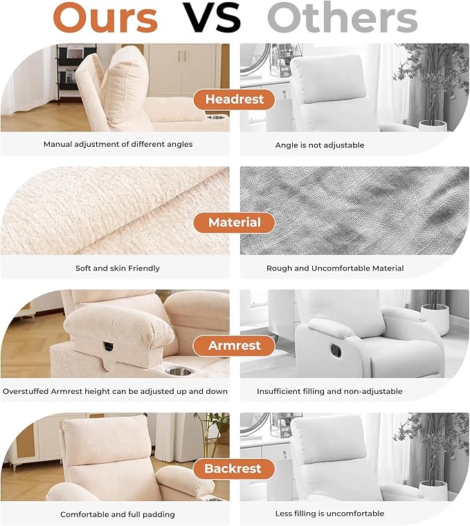 Rocking Chair Nursery with Adjustable Armrests, Electric Glider Recliner