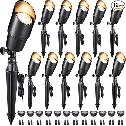 Gardenreet LED Spot Light Outdoor - Die-Cast Brass 12V Uplighting Waterproof, Low Voltage Landscape Lights Metal, Black for Fence Fountain with Bright White MR16 Replaceable Bulbs (12 Pack)