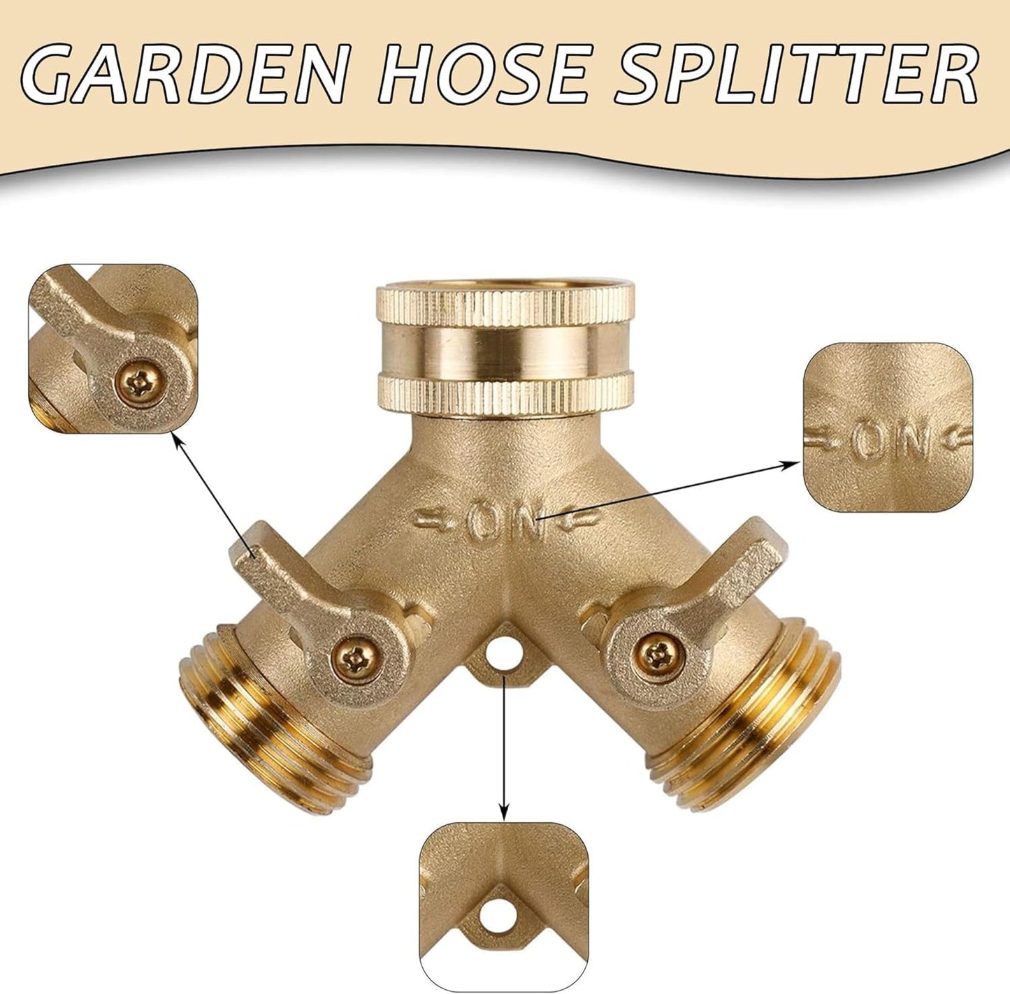 Triumpeek 3/4" Brass 2 Way Hose Splitter, Brass 2 Way Garden Hose Connector with 2 Pcs Garden Hose Coiled Spring Protectors and 6 Rubber Washers