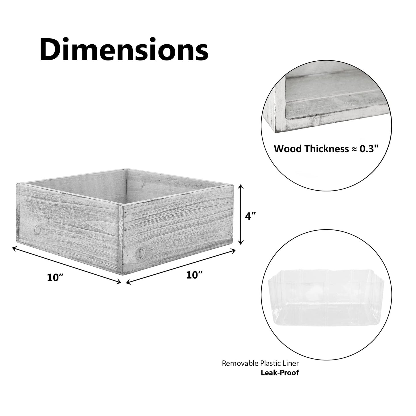 CYS EXCEL White Wood Square Planter Box with Removable Plastic Liner (H:4" Open:10"x10") | Multiple Size Choices Wooden Planters | Indoor Decorative Flower Box