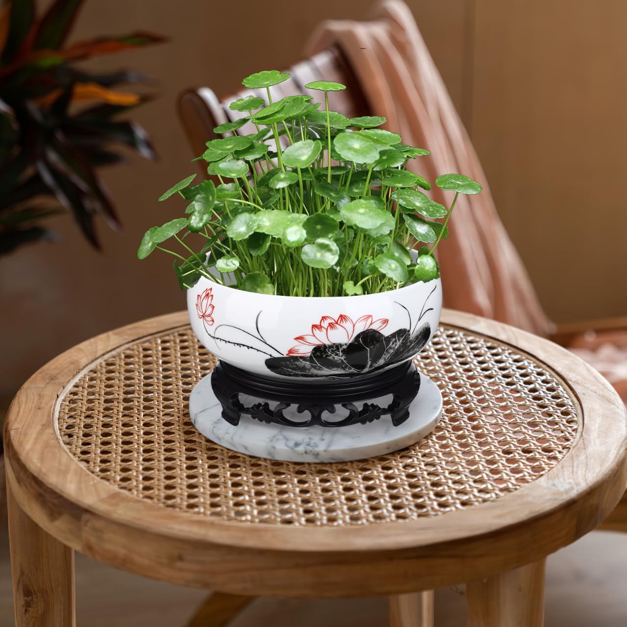Yardwe Ceramic Hydroponic Planter Pot with Plastic Base, 7.08 Inch Round White Ceramic Lotus Bowl for Indoor Plants, Water Lily, and Home Decoration