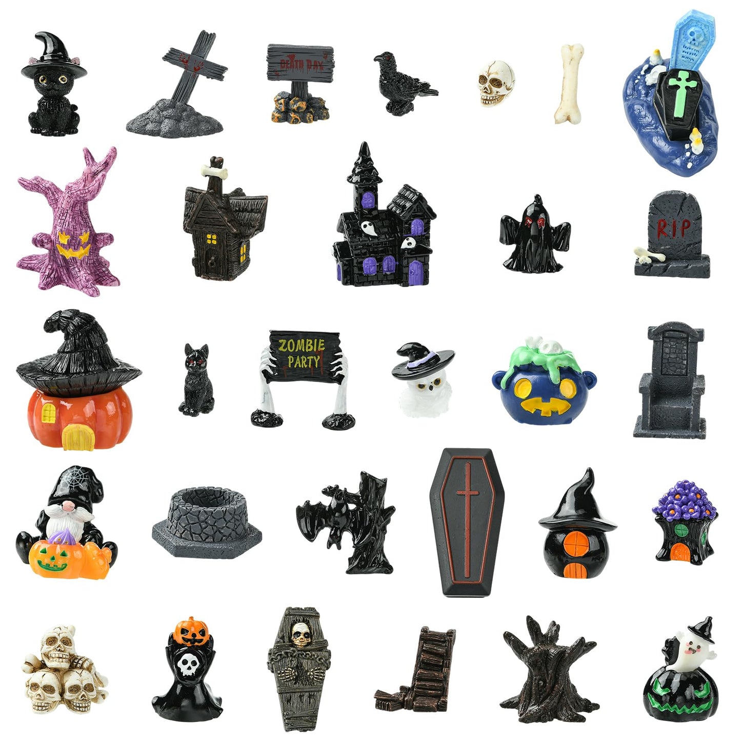 WEWAYSMILE 30Pcs Halloween Miniatures Figurines Mini Resin Pumpkins Skulls Ghost Figurines Tiny Coffin Halloween Village Figurine for Tabletop House Accessories Party Prop Decor