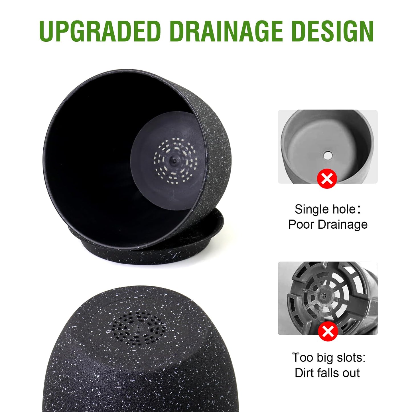 WSMKSZ Plant Pots 10/9/8 inch, Set of 3 Modern Decorative Plastic Planters with Drainage Holes and Saucers for Garden House Plants, Flower Pots for Indoor Outdoor Plants, Speckled Black