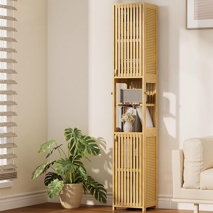 Amazer 70'' Tall Bathroom Storage Cabinet Bamboo, Narrow Storage Cabinet