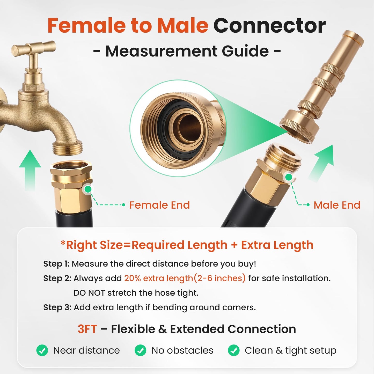 Cesun Short Garden Hose 3 feet, Metal Leader Water Hose, Heavy Duty and Lightweight Stainless Steel Water Pipe for RV, Outdoor, Yard, Lawn, 3ft x 5/8", Female to Male