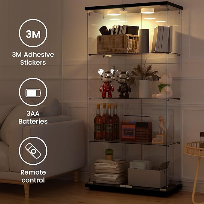 Display Cabinet with Light, Glass Door and Lock, 4-Shelf Fast Installation in