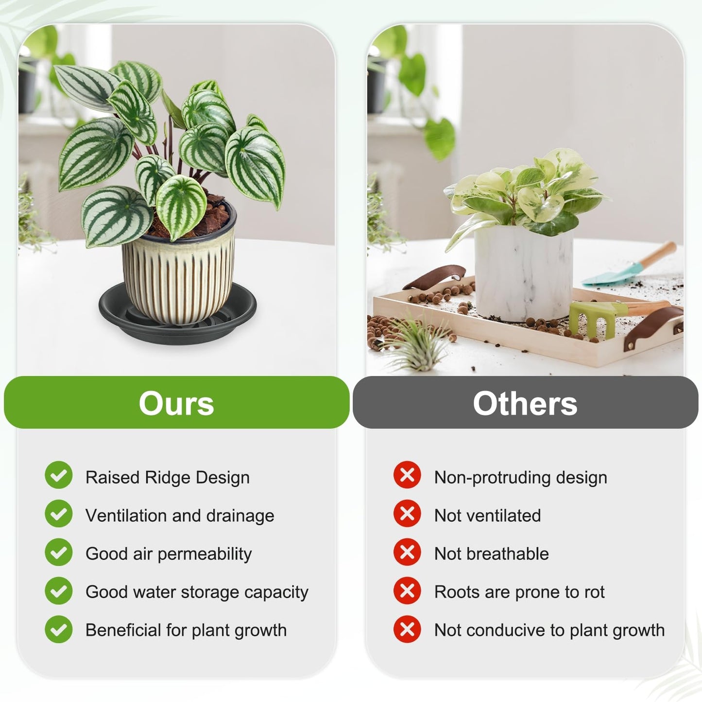M METERXITY 2-Pack Plant Saucers, 7.3 Inch ID Anti-Rot Root Resin Flower Pot Plant Saucers for Indoor/Outdoor, Flowerpot Drip Tray [9.4 Inch OD, Gray Black]