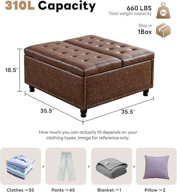 Tbfit Large Square Storage Ottoman Bench, Tufted Upholstered Coffee Table