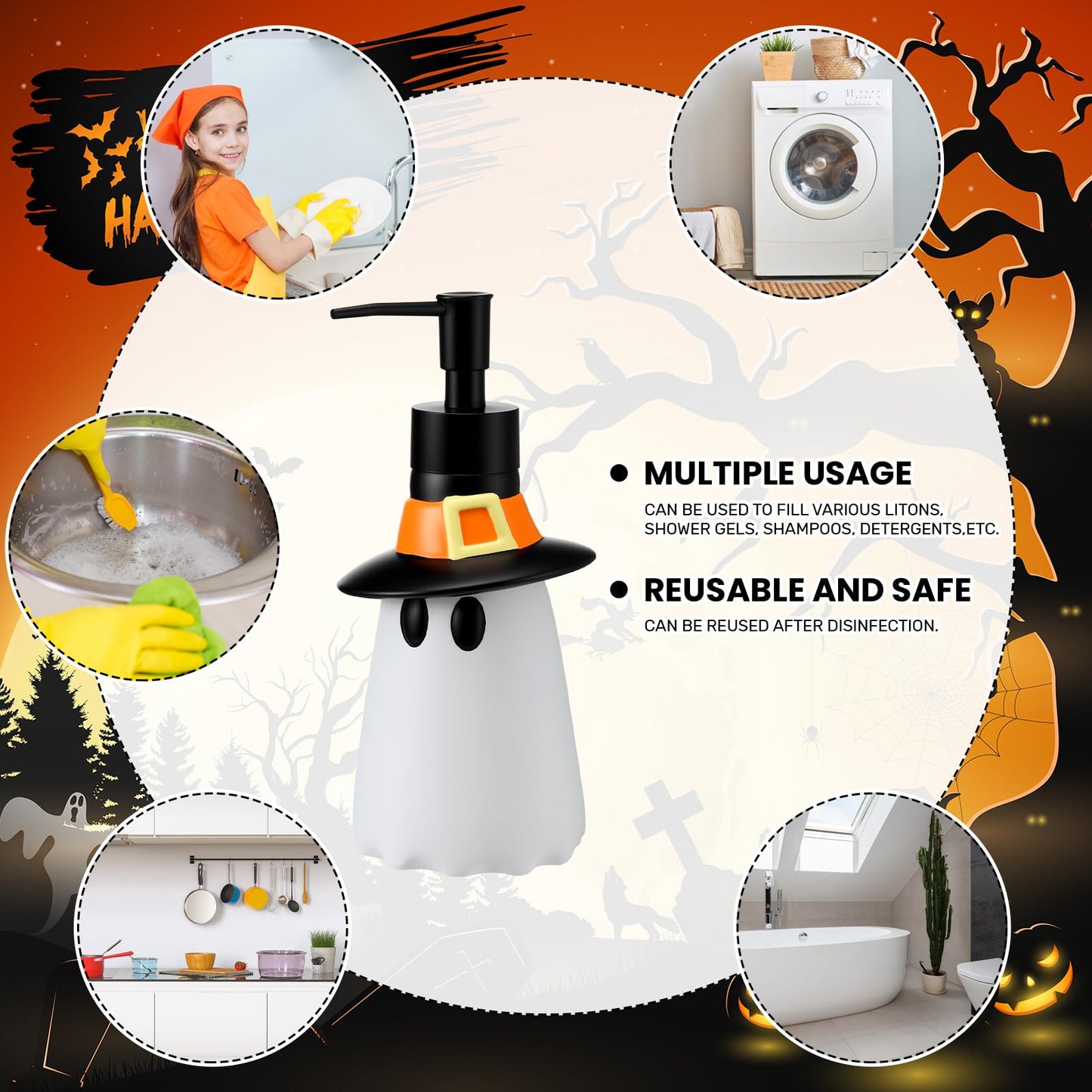 Teenyyou 4 Pcs Halloween Bathroom Accessories Ghost Soap Dispenser Lotion Pump Halloween Hand Towels Fingertip Towels with Gift Box Set for Home Bath Kitchen Decoration(Black White, Ghost)
