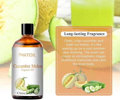 PHATOIL 3.38FL.OZ Cucumber Melon Fragrance Oils for Aromatherapy, Essential Oils for Diffusers for Home, Perfect for Diffuser, Yoga, Skin Care, DIY Candle and Soap Making - 100ml