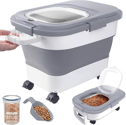 15-23 Lbs Airtight Dog Food Storage Container,Collapsible Dog Food Container with Lid,Wheels,Handle,Large Cat food storage Container with Scoop,Small Food Container for Dog Cat