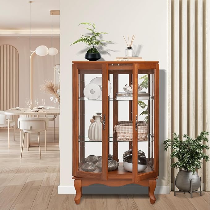 Curio Cabinet With Lighted Tall Leg Glass Door, Antique Display With Mirrored