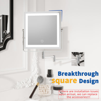 Ruacq Rechargeable Wall Mounted Makeup Mirror with Lights, Double Sided 1X/10X Magnifying Vanity Mirror with 3 Color Lighting, Touch Screen Dimmable, 360° Rotation Extension Foldable Arm(Matte Black)