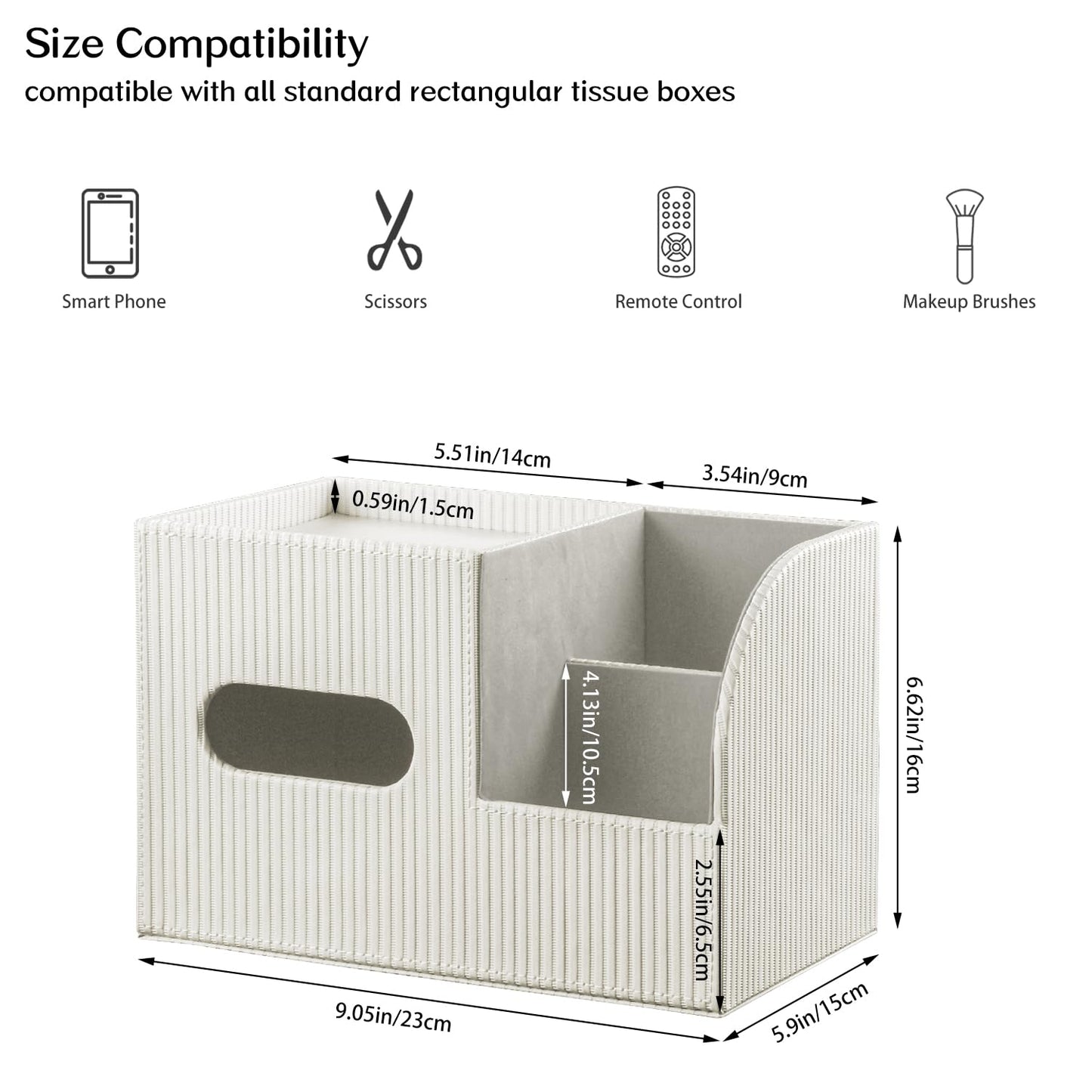 Fanousy Modern PU Leather Cube Tissue Box Cover with Storage Tray, Multifunctional Remote Control Holder & Facial Tissue Dispenser Organizer for Nightstand, Bathroom, Bedroom, Office & Home Decor