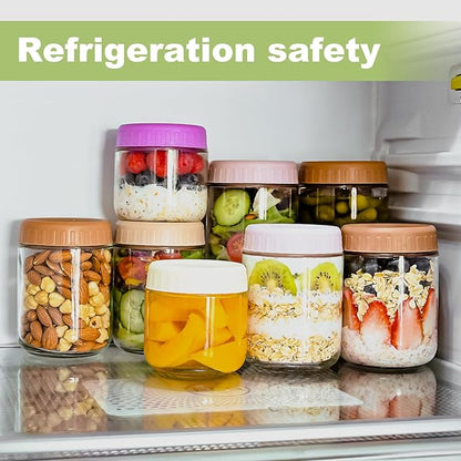 SHOWIN Overnight Oats Containers with Lids, 10oz Glass Jars with Lids 4 pcs, Candy, Wide Mouth Mason jars for Salad, Yogurt, Snacks, Meal Prep