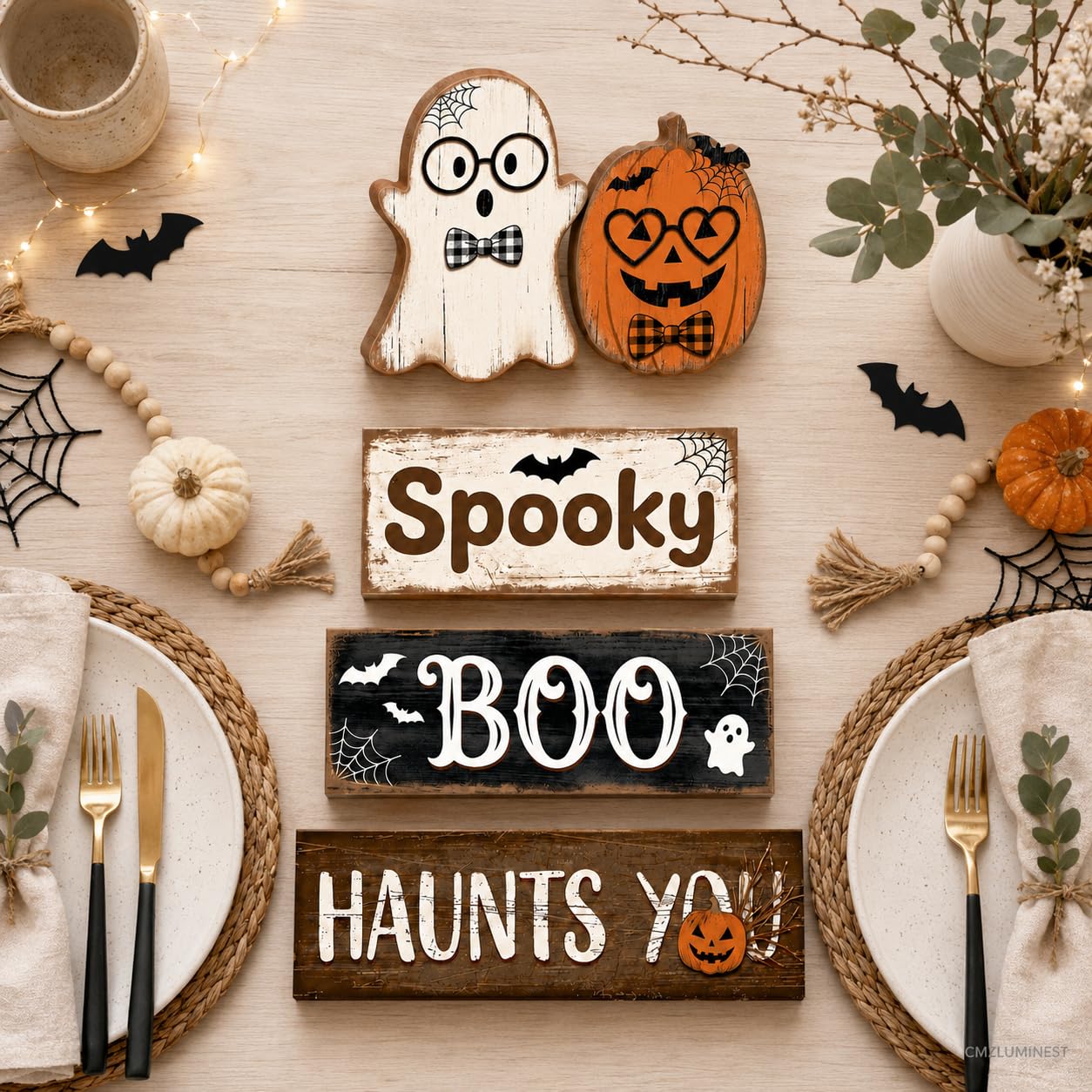 4 Pcs Halloween Decorations, Wooden Ghost and Pumpkin Block Signs Featuring Glasses Design, Farmhouse Cute Halloween Tiered Tray Decor, Spooky Boo Haunts You Table Centerpiece for Home Office Mantel Kitchen Shelf