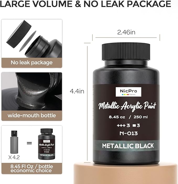 Nicpro Metallic Black Acrylic Paint, 8.45oz/250ml Large Pearlescent Acrylic