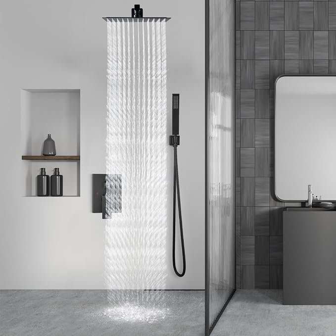 Aolemi Shower Faucet Set Rain Shower System with Handheld Spray Bathroom Shower Combo Rough-in Valve and Shower Trim Kit Included Matte Black 12 Inch Wall Mount Shower Head