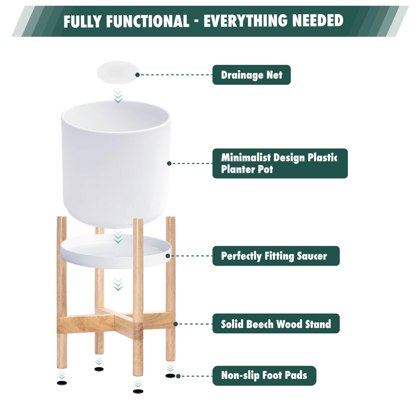 D'vine Dev Planter Pot with Stand - 8 Inch Plastic Cylinder Flower Pot with Wood Planter Holder for Indoor, Matte White Pot + Natural Stand, 55-C-J-1