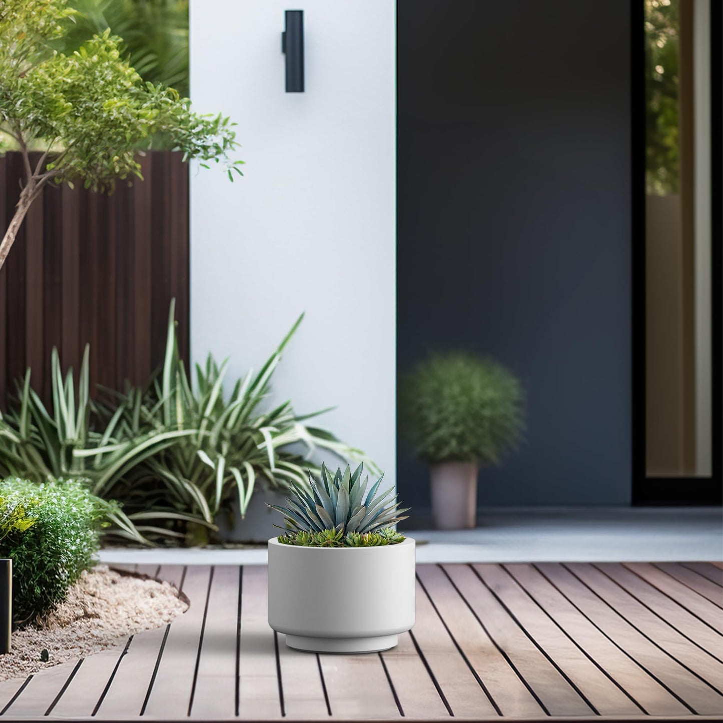 Kante 10 Inch Dia Concrete Planter, Round Pedestal Design Garden Pot for Indoor Outdoor Plants, Modern Flower Pot with Drainage Hole and Rubber Plug, White