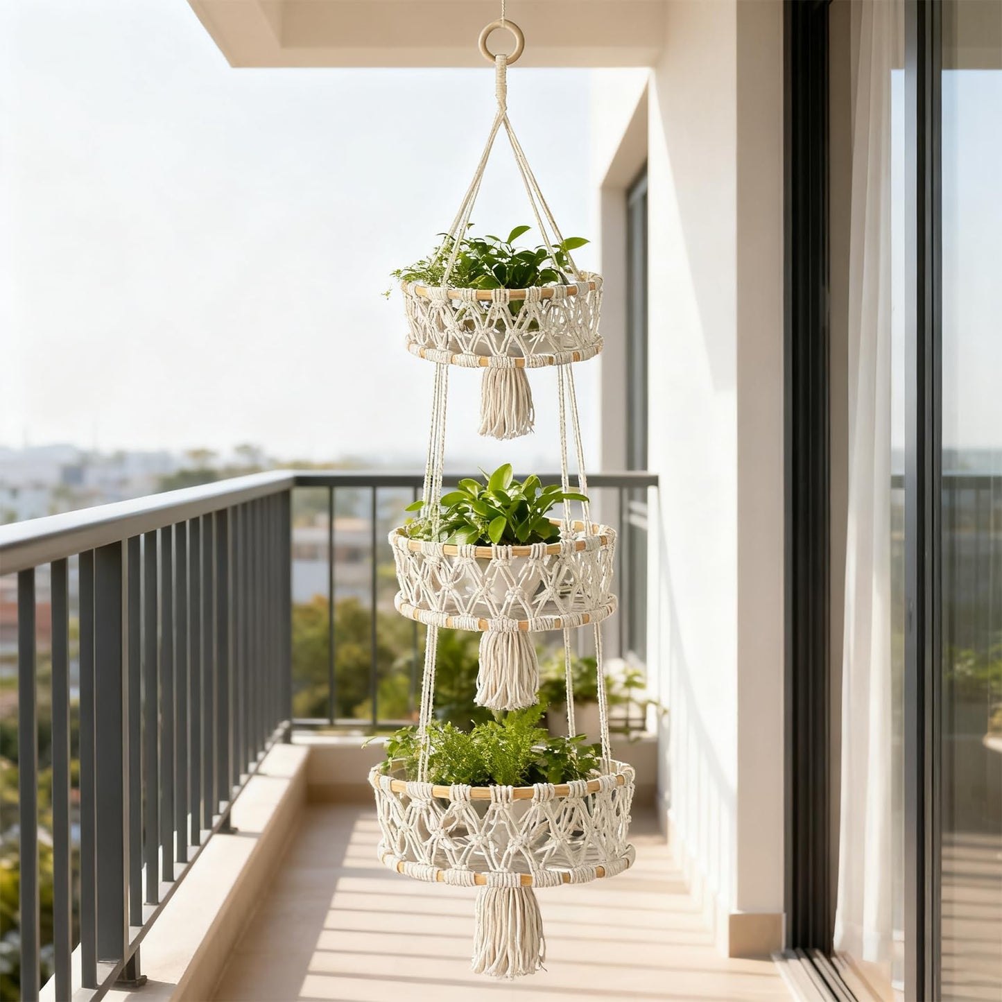 MuuXii 3 Tier Hanging Fruit Basket, Macrame Hanging Basket for Fruit and Vegetable Storage, Cotton Rope Woven Baskets, Boho Wall Baskets Organizing Hanging Plant Holder for Indoor Kitchen Decor