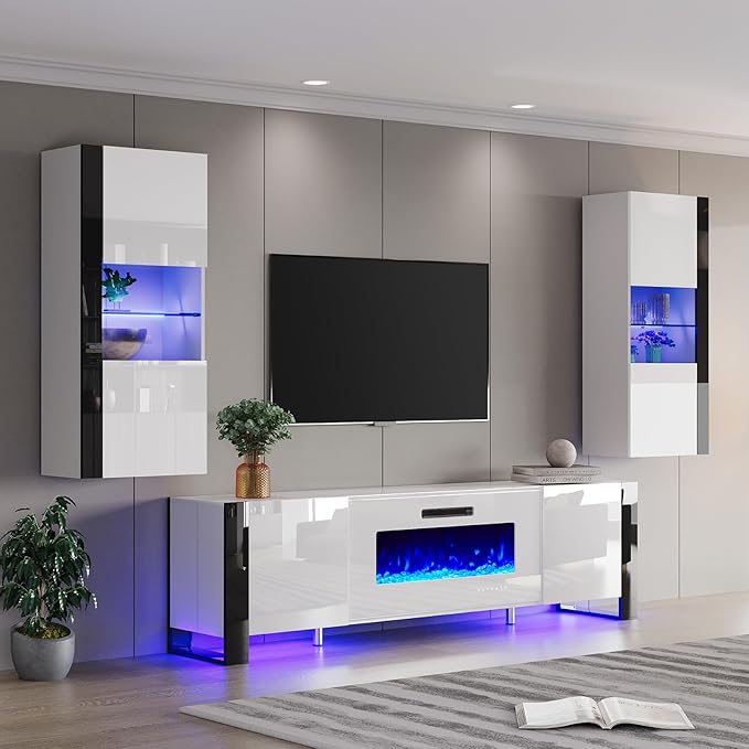 AMERLIFE 3 Piece Modern Wall Unit Entertainment Center Set, High Gloss 70"