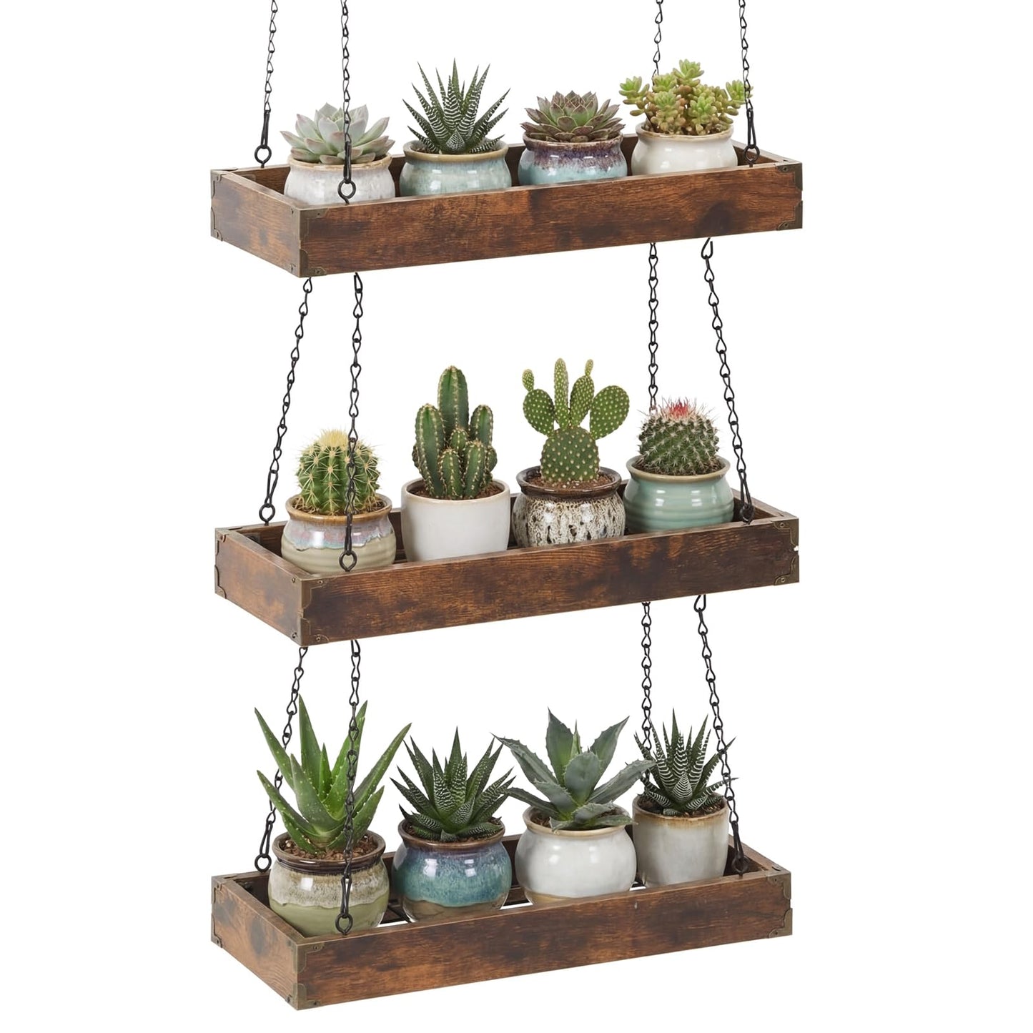 Otoolling 3 Tier 16" Hanging Window Plant Shelf Wood Frame Metal Chain Large Hanging Herb Planter Holder Indoor Display Floating Wall Flower Pot Organizer Storage for Herbs Microgreens Succulents