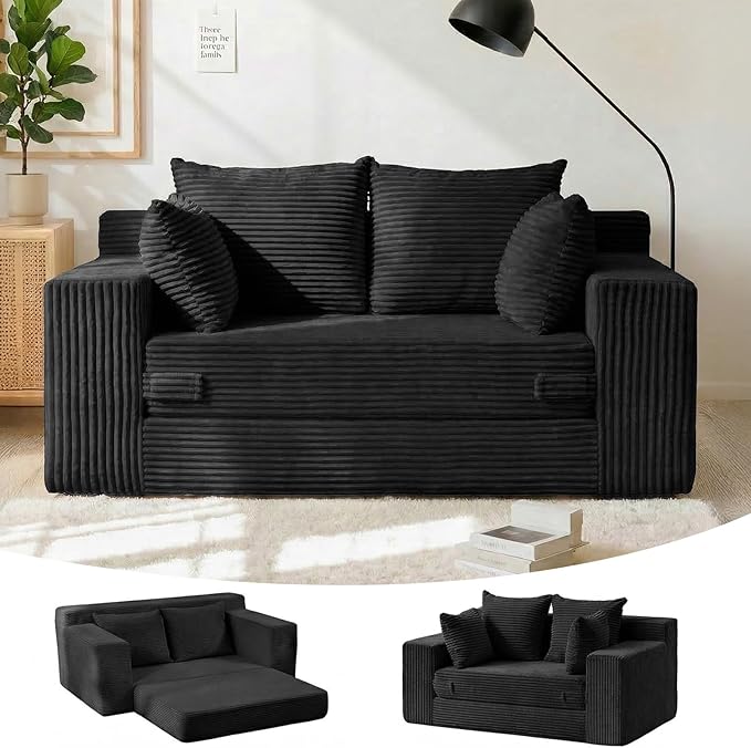 55" Small Boneless Couch, 3-in-1 Boneless Loveseat Sleeper Sofa Bed Convertible