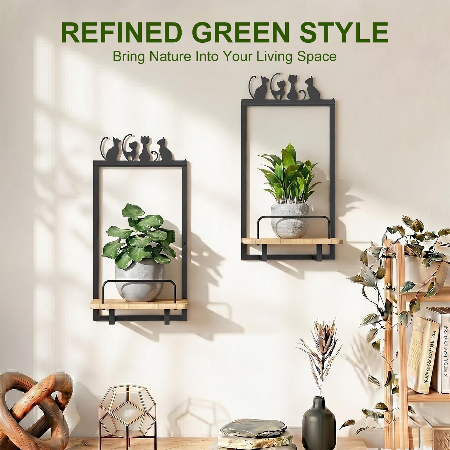 Shineled Wall Planter for Indoor Plants 2 Pack, Wall Mounted Plant Holder for Small Plants, Floating Wall Shelf for Plants, Real Oak Wood, Magnetic Animal Decor, Home Wall Decor (Cat)