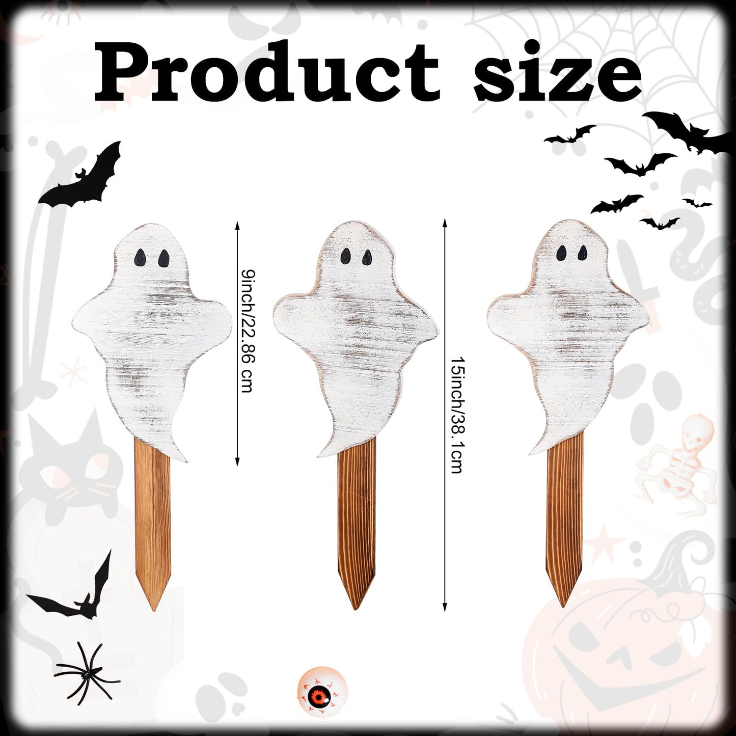 Amyhill 6 Pcs Wooden Halloween Ghost Yard Stakes 15'' Farmhouse Yard Signs Garden Decorations for Holiday Outdoor Lawn Patio Pathway Driveway Party Supplies, 3 Designs