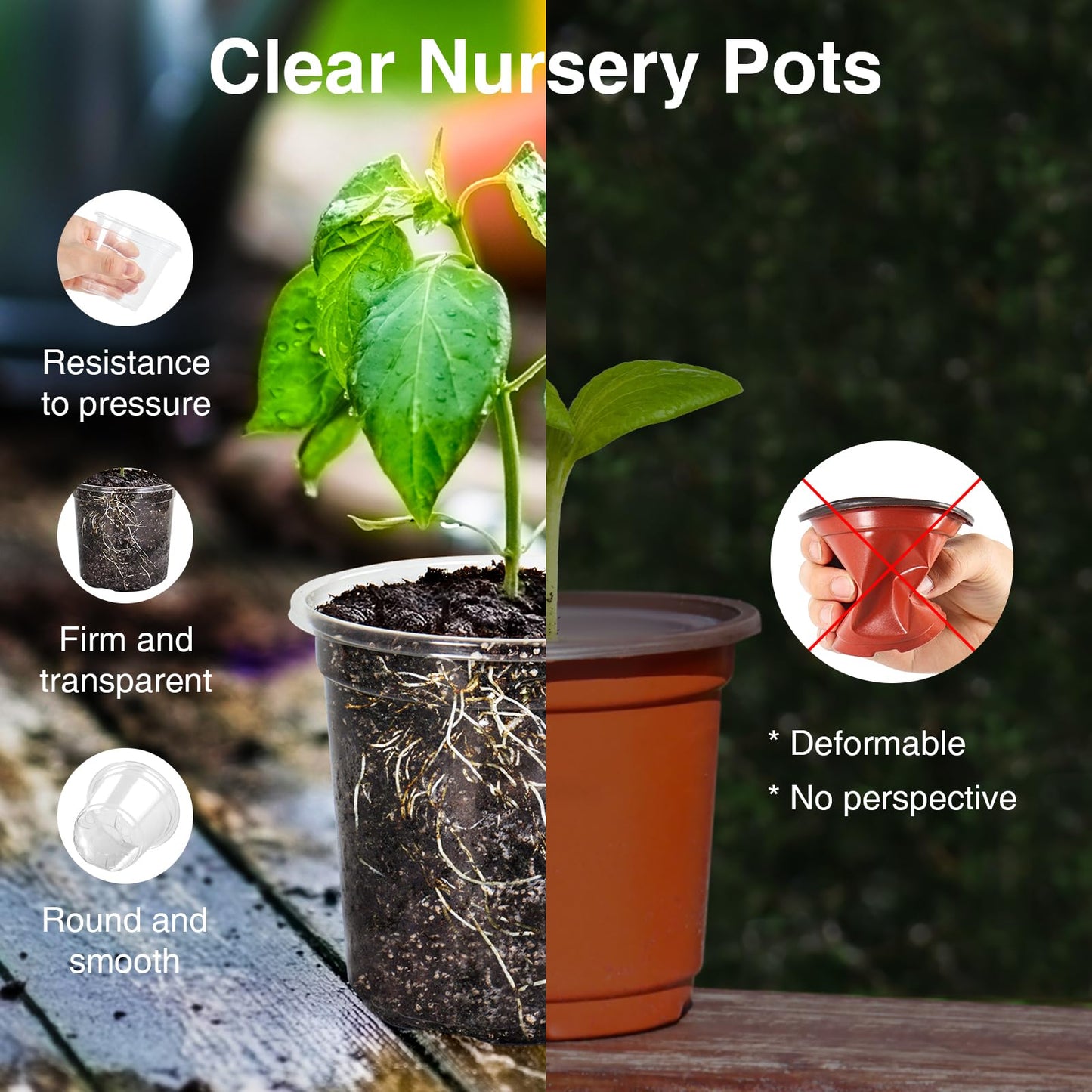 The Bundle of Bonviee 5 Packs Seed Starter Tray and Bonviee 36 Packs Variety Sizes Clear Nursery Pots with Drainage Holes