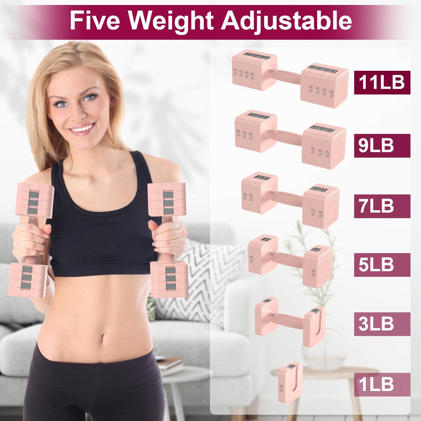 22LBS Adjustable Dumbbells Set, Hand Weights Sets with 5 Levels 3lb, 5lb, 7lb, 9lb, 11lb, Adjustable Weight Dumbbells for Women/Men Home Gym Full Body Workout