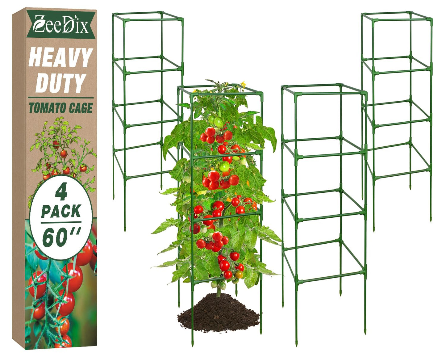 ZeeDix Tomato Cages with Bird Netting Set - 4 Pack 60 Inches Heavy Duty Tomato Cages + 4 Pack 57 Inches Garden Mesh Barrier for Tomatoes Climbing Vegetables Flowers