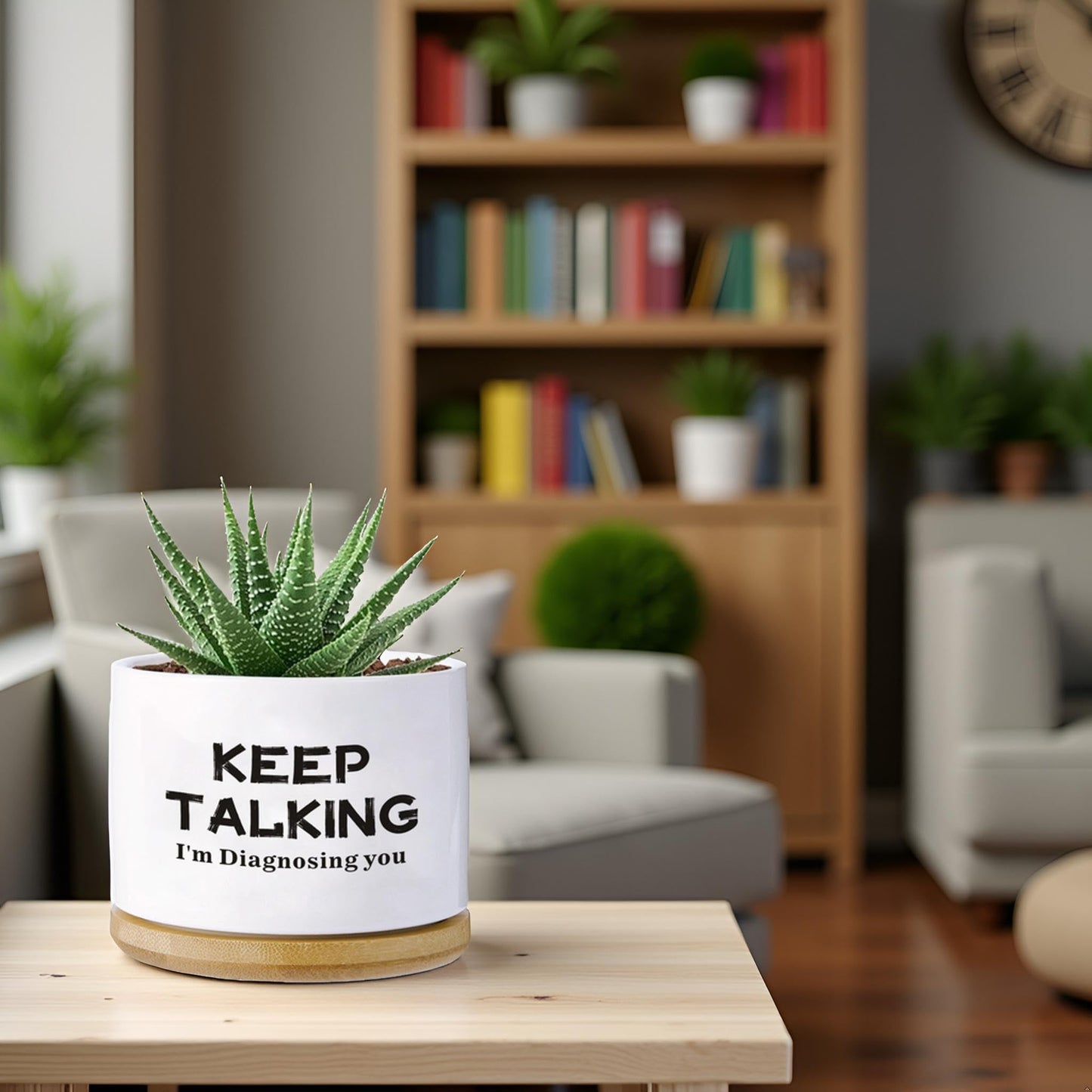 Psychology Decor Gifts,Keep Talking I'm Diagnosing You Funny Succulent Planter with Bamboo Tray - 3.5 Inch Funny Desk Decor, Psychologist Therapist Gift (White)(No Plants)