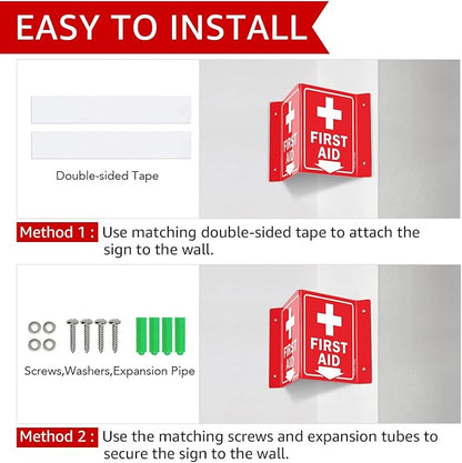 GicnKeuz First Aid Sign, 8" x 6" First Aid with Cross Symbol, Two-Sided Acrylic V-Sign for Business or Office or Wall Décor, Including Screws, Easy to Install (2 Pack)