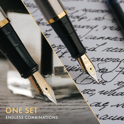 Wordsworth & Black Fountain Pen Set,18K Gilded Medium and Extra Fine Nib,25ML Black Ink Bottle,6 Ink Cartridges,Refill Converter,Gift Box,Smooth Writing Pens [Silver Gold],Gift Set for Men and Women