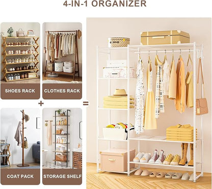 Neprock Clothing Racks for Hanging Clothes with Shelves, Portable Closet System Organizer Garment Rack for Clothes Storage, Metal Free Standing Wardrobe Clothes Organizer(White)