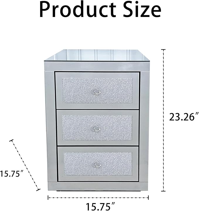 3-Drawer Mirrored Nightstand Bedside Table, Modern Mirrored End Side Table